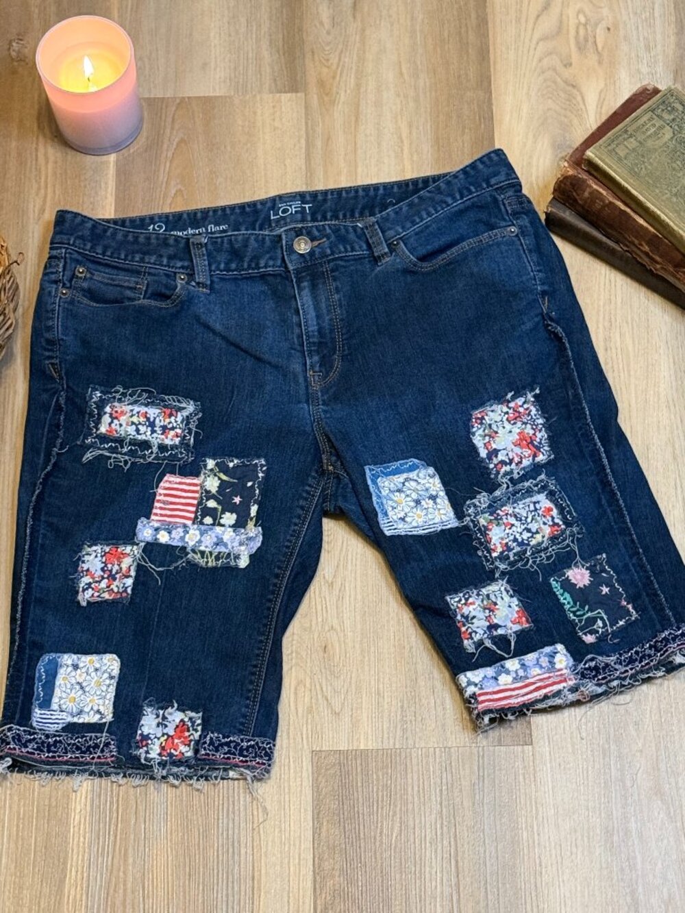 Upcycled Floral Patched Denim Shorts, Cottagecore Distressed, Visible Mending
